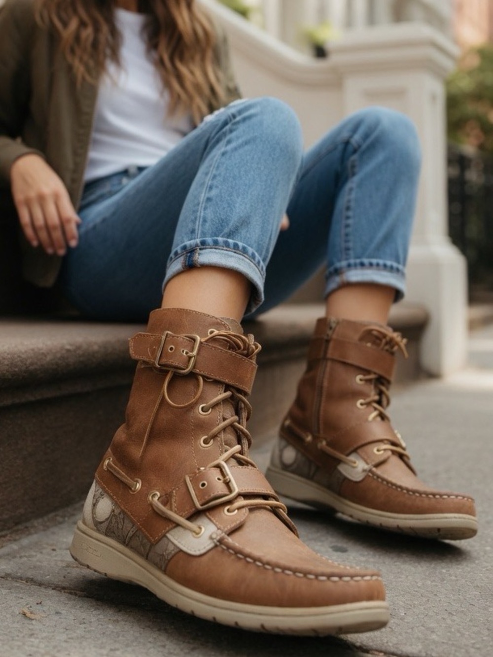 Sperry Top Sider Huntley Zip Buckle Leather Upper Boots Lace Up Like New - Picture 3 of 17